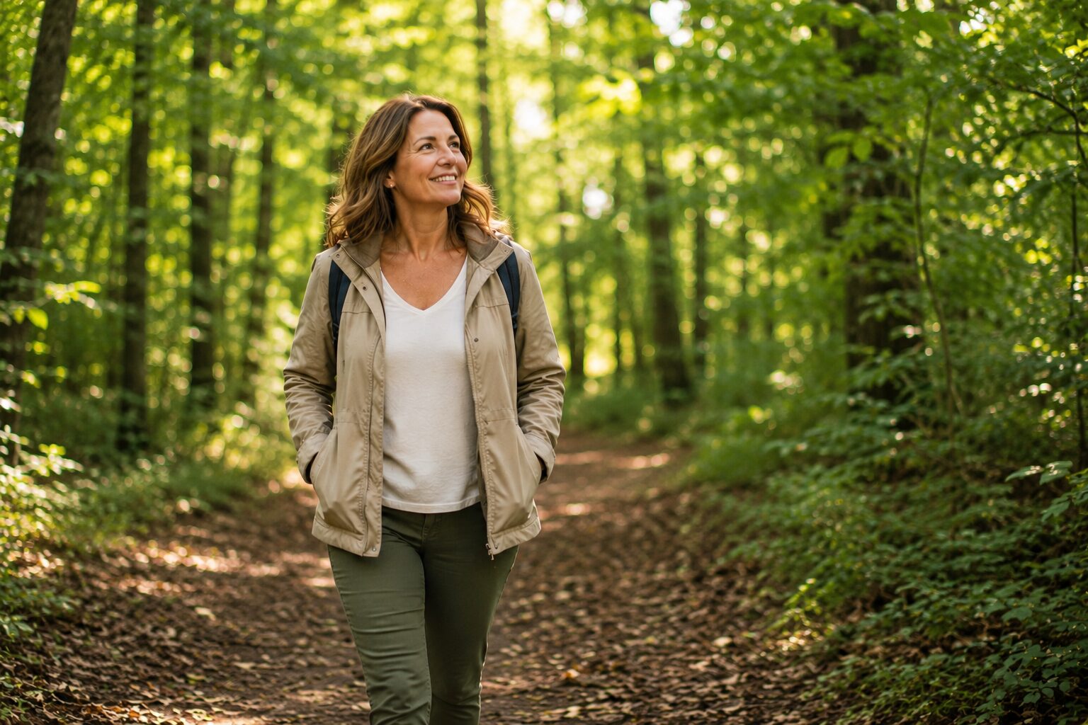 Smiling woman walking on forest trail